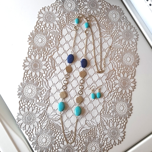 Blue Labrodite Turquoise Stone Necklace Earring Set - Picture 4 of 4